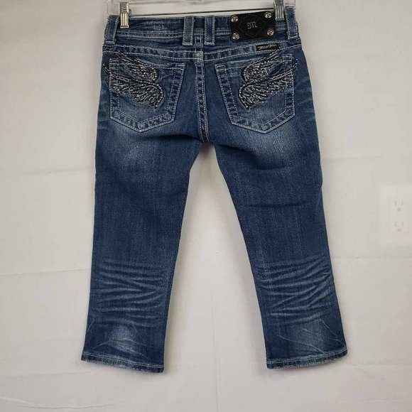 Miss Me Womens Capri Jeans Blue Stretch Embroidered Dark Wash Low Rise Denim 26 - Picture 2 of 12